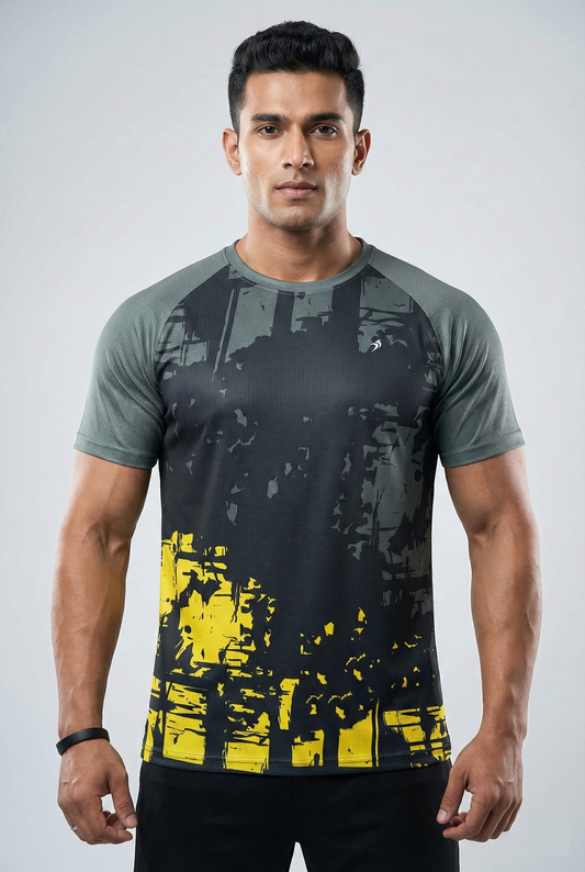 Black Yellow Sports T-Shirt For Men : 100% Polyester